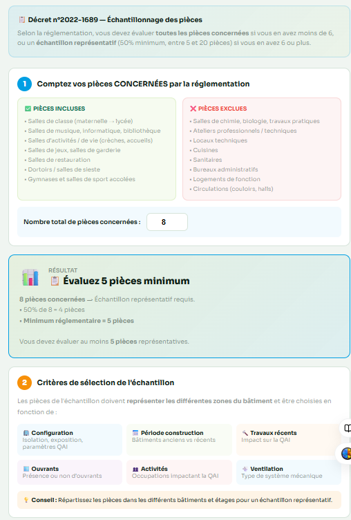 Aide au calcul des pièces à évaluer : pièces incluses et exclues, nombre de pièces concernées, échantillon minimum, critères de sélection