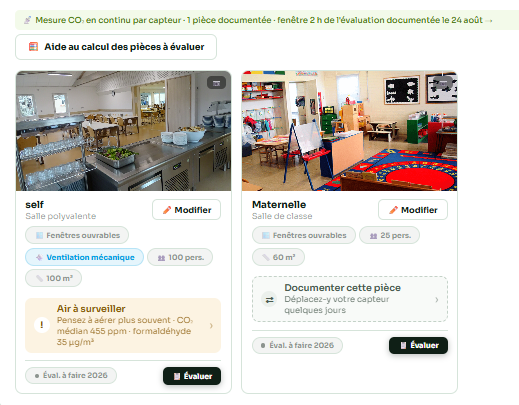 Deux pièces déclarées dans la plateforme, dont une avec capteur : air à surveiller, CO2 médian 455 ppm, formaldéhyde 35 µg/m3